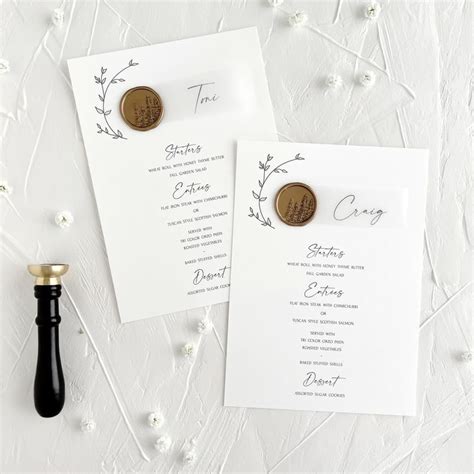 Menu With Place Card Wax Seal Vellum Custom Floral Wedding Menu Card