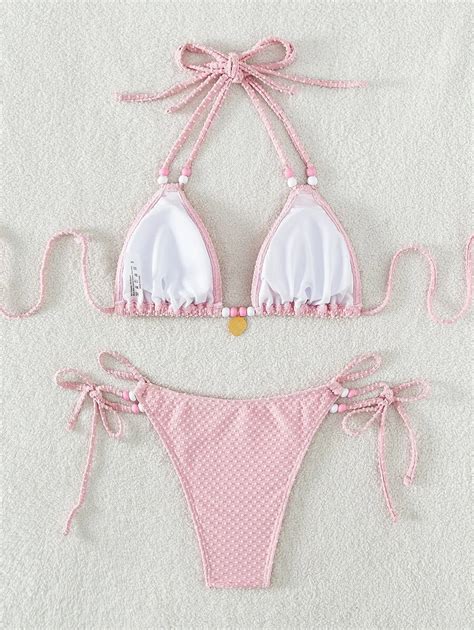 Our Summer Beach Swiss Dot Bikini Set Beaded Linked Halter Triangle Bra Tie Side Bottom