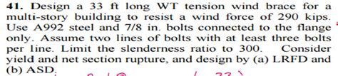 Solved Design A 33ft Long WT Tension Wind Brace For Chegg