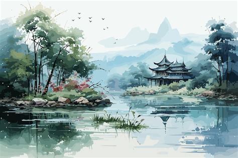 Ilustraci N En Acuarela Y Tinta De Un Paisaje Chino Con Pagoda Y