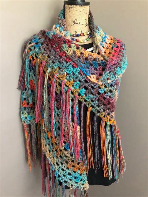 Crocheted Shawl With Fringe Colorful Boho Wrap Handmade Triangle Scarf With Fringe All Season