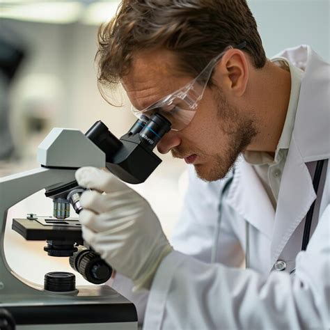 Male Scientist In Laboratory Using Microscope For Research And Analysis