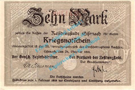 Großnotgeld 1918 10 Mk Eisenach Notgeld 10 Mark Schein in kfr E