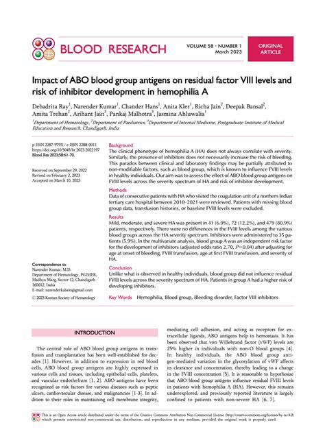 PDF Impact Of ABO Blood Group Antigens On Residual Factor VIII Levels