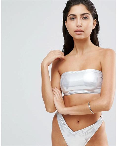 Asos Liquid Silver Metallic Bandeau Bikini Top Lyst