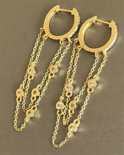 18ct Yellow Gold Double Chain Diamond Eternity Hoop Earrings Etsy