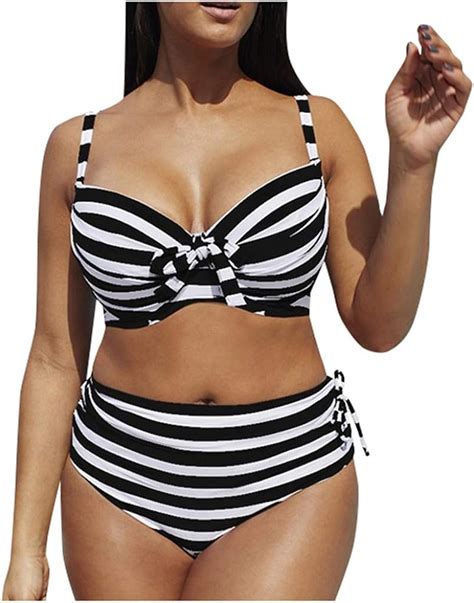 Große Größe Damen Streifen Bikini Set Badeanzug Sexy Casual Niedrige