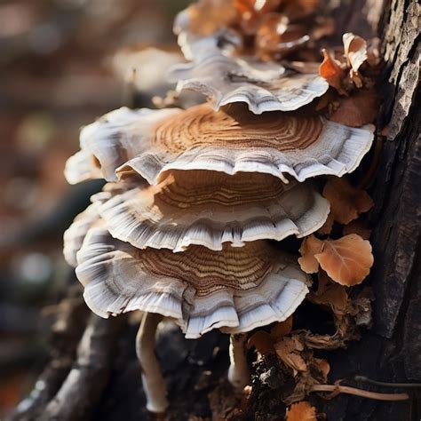 Un grupo de hongos que crecen en un tronco de árbol Foto Premium