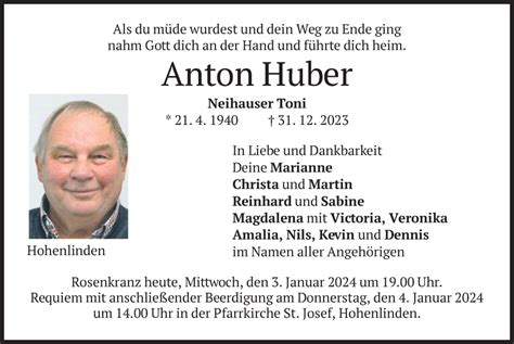 Traueranzeigen Von Anton Huber Trauer Merkur De