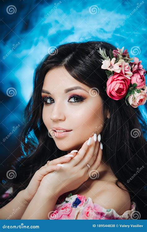 Beautiful Girl With Flowers Spring Woman Lady With Bright Makeup And