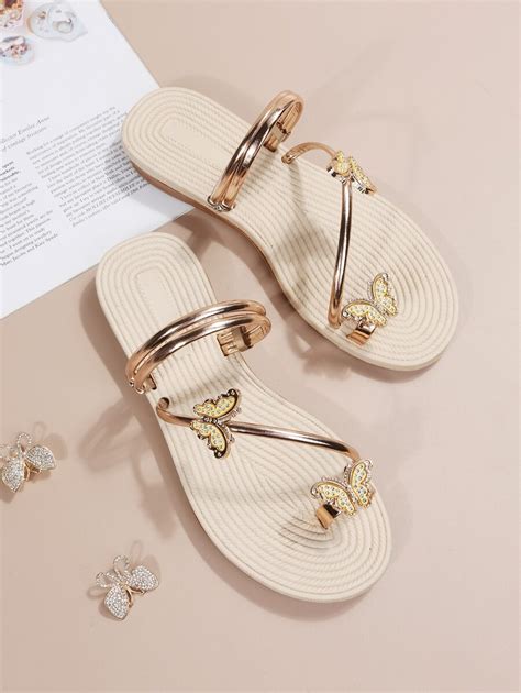 Women Metallic Rhinestone Butterfly Decor Toe Ring Design Flat