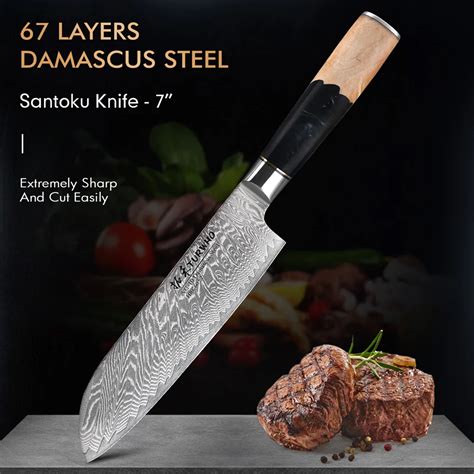 TURWHO 7 Inch Santoku Knife Japanese Kitchen Knives Damascus Steel Chef