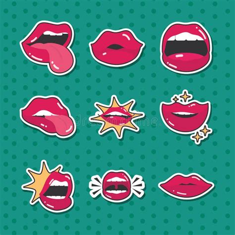 Pop Art Mouth And Lips Female Wet Red Lips With Teeth Set Line And