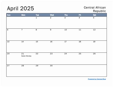 Free Monthly Calendar Template for April 2025 with Central African