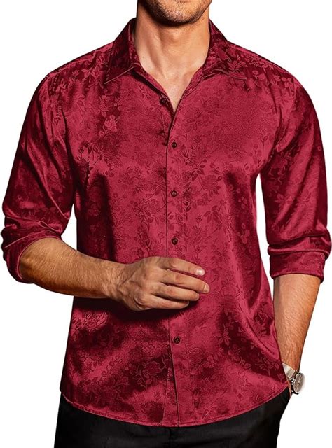 Coofandy Mens Silk Satin Dress Shirts Jacquard Long Sleeve Floral