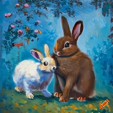 Classic Painting Of Brown Rabbits With White Spots Wearing Overalls