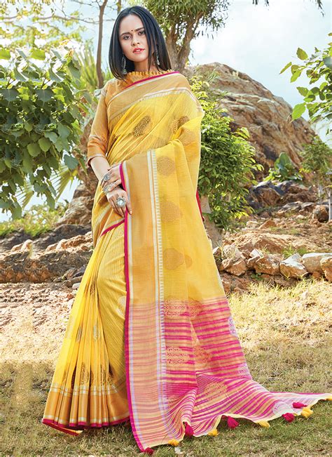 Buy Yellow Cotton Daily Wear Linen Fancy Saree Online From Wholesale