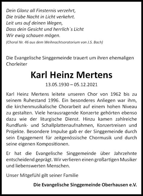 Traueranzeigen Von Karl Heinz Mertens Trauer In NRW De