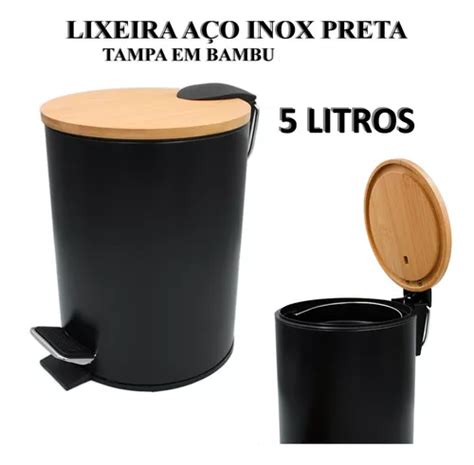 Lixeira Pedal Tampa De Bambu 5 Litros Inox Banheiro Frete grátis