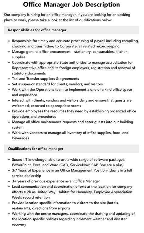 Office Manager Job Description Velvet Jobs