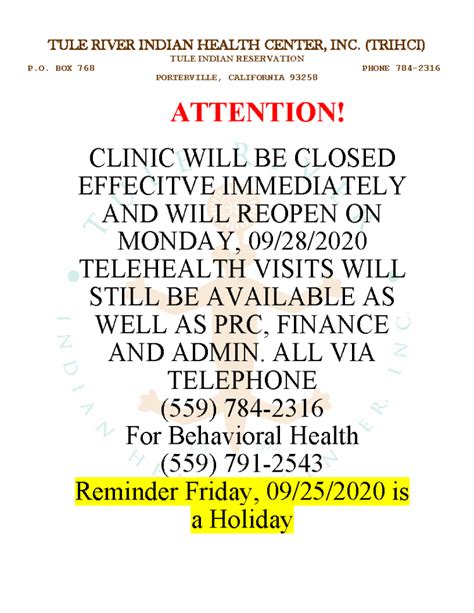 Notice Clinic Closure Tule River Indian Health Center Inc