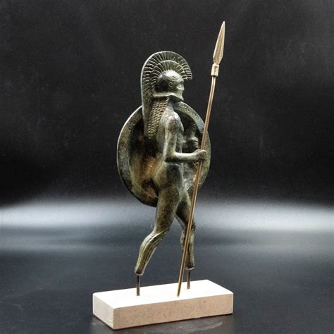 Ancient Greek Spartan Warrior Statue Armed With Helmet Shield And Spear