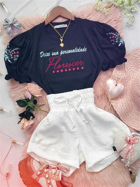 T Shirt Blusa Feminina Bordada Manga Princesa Personalidade Preto A