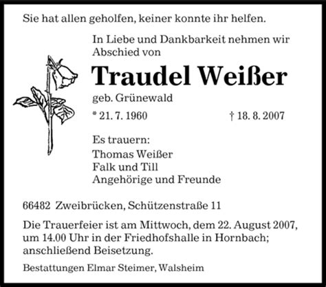 Traueranzeigen Von Traudel Wei Er Saarbruecker Zeitung Trauer De