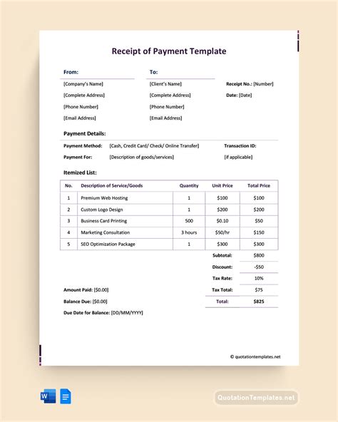 Receipt of Payment Template - Word, Google Docs