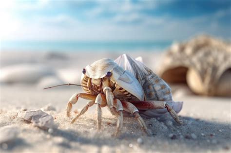 Premium AI Image Walking White Sand Hermit Crab On The Seashore A