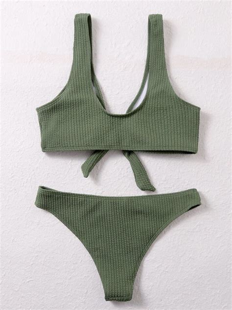 Shein Army Green Textured Knot Front Bikini Swimsuit Women S Fashion