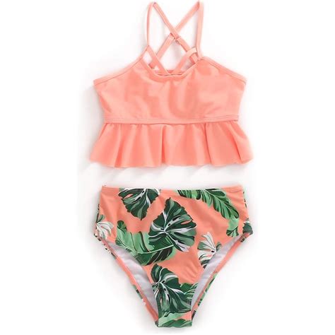 5 Mo Finance XUNYU Girls Swimsuit Falbala High Waisted Bathing Suit Halter Neck Bikini