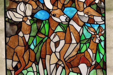 Stained Glass Deer in Wilderness with Baby Deer Family · Creative Fabrica