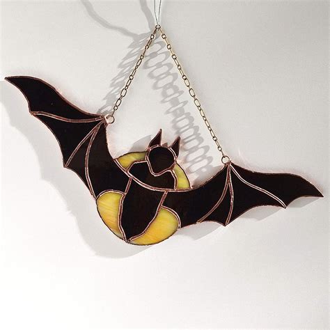 Flying Over Moon Bat Stained Glass Panel Window Hanging Halloween Wall