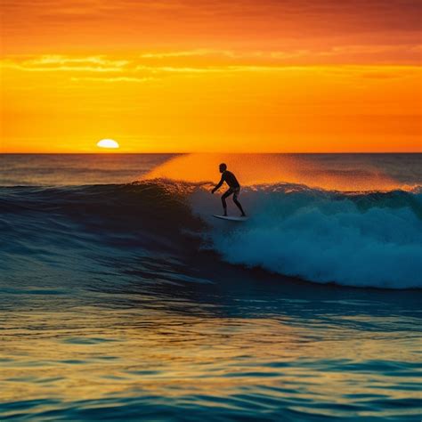 Um surfista surfa uma onda ao pôr do sol o sol se pondo atrás dele