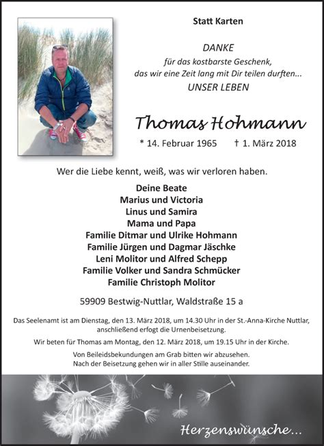 Traueranzeigen Von Thomas Hohmann Trauer In Nrw De