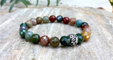 Indian Agate Gemstone Bracelet With Silver Leaf Bead 8mm Faceted