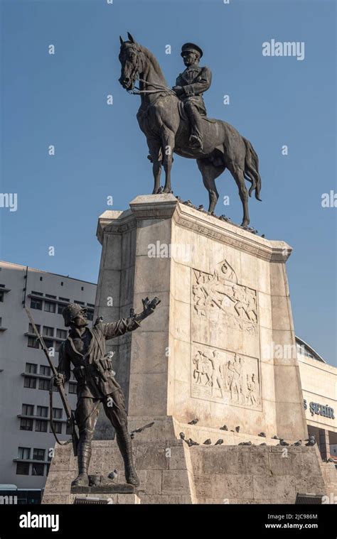 The victory monument and statue of Mustafa Kemal Ataturk astride a ...