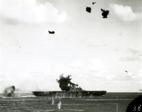 Battle of Santa Cruz Islands, October 1942. USS Hornet (CV-8) is hit by ...