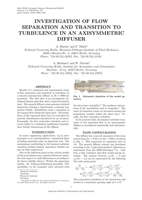 (PDF) Investigation of Flow Separation and Transition to Turbulence in an Axisymmetric Diffuser