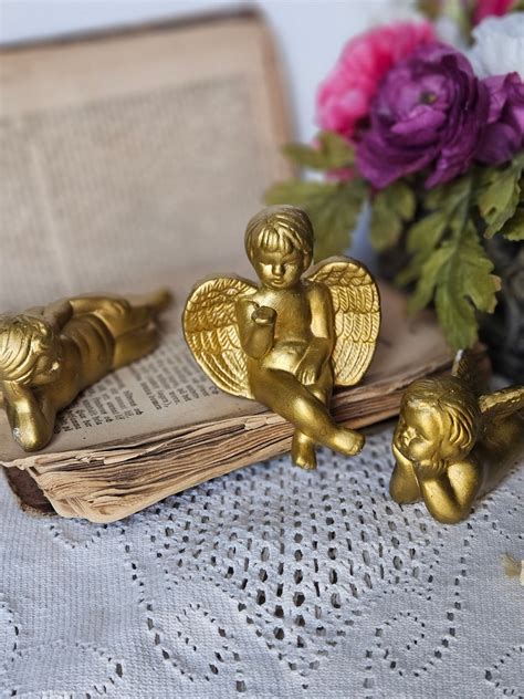 3 Gold Cherubs For Home Decor Angel Figurines Shelf Sitter Angel