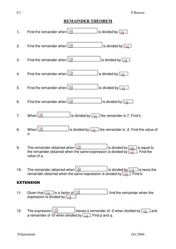 Worksheet on the Remainder Theorem | Teaching Resources