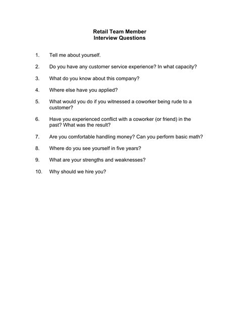 Sample Retail Team Member Interview Questions Fill Out Sign Online