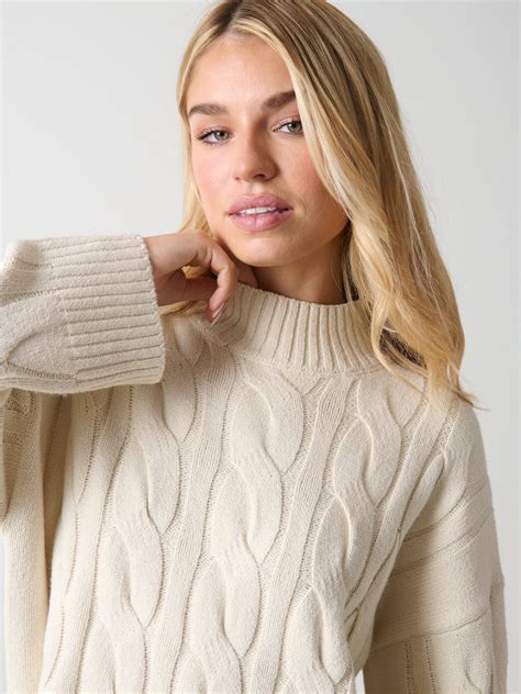 Caprice Cable Knit Roll Neck Jumper Cream Pretty Lavish