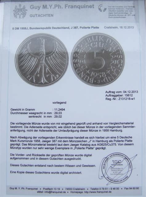 Münze Bundesrepublik Deutschland Silberadler 5 DM 1958 J in Polierte