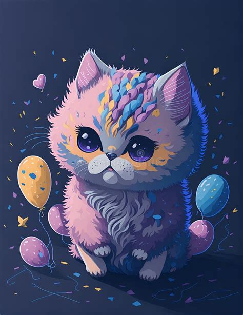 A Fluffy Kitten Surrounded By Colorful Balloons And Confetti A