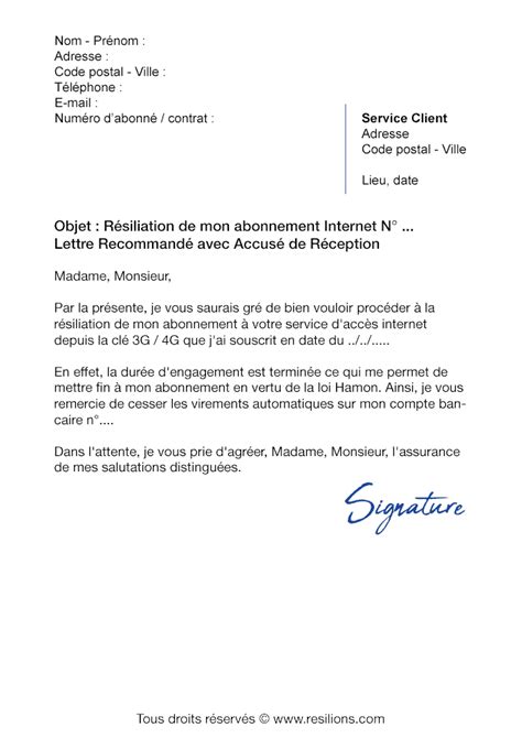 Lettre de résiliation Clé 3G ou 4G Modèle gratuit PDF et Word