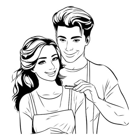 Premium Vector | Beautiful young couple in love black and white vector illustration