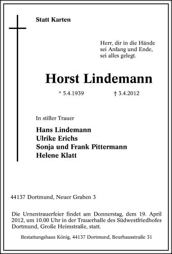 Traueranzeigen Von Horst Lindemann Trauer In Nrw De