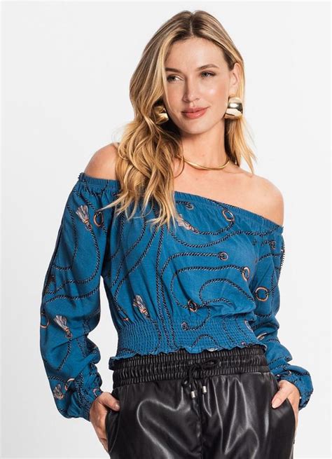 Blusa Feminina Ciganinha Manga Longa Azul Endless